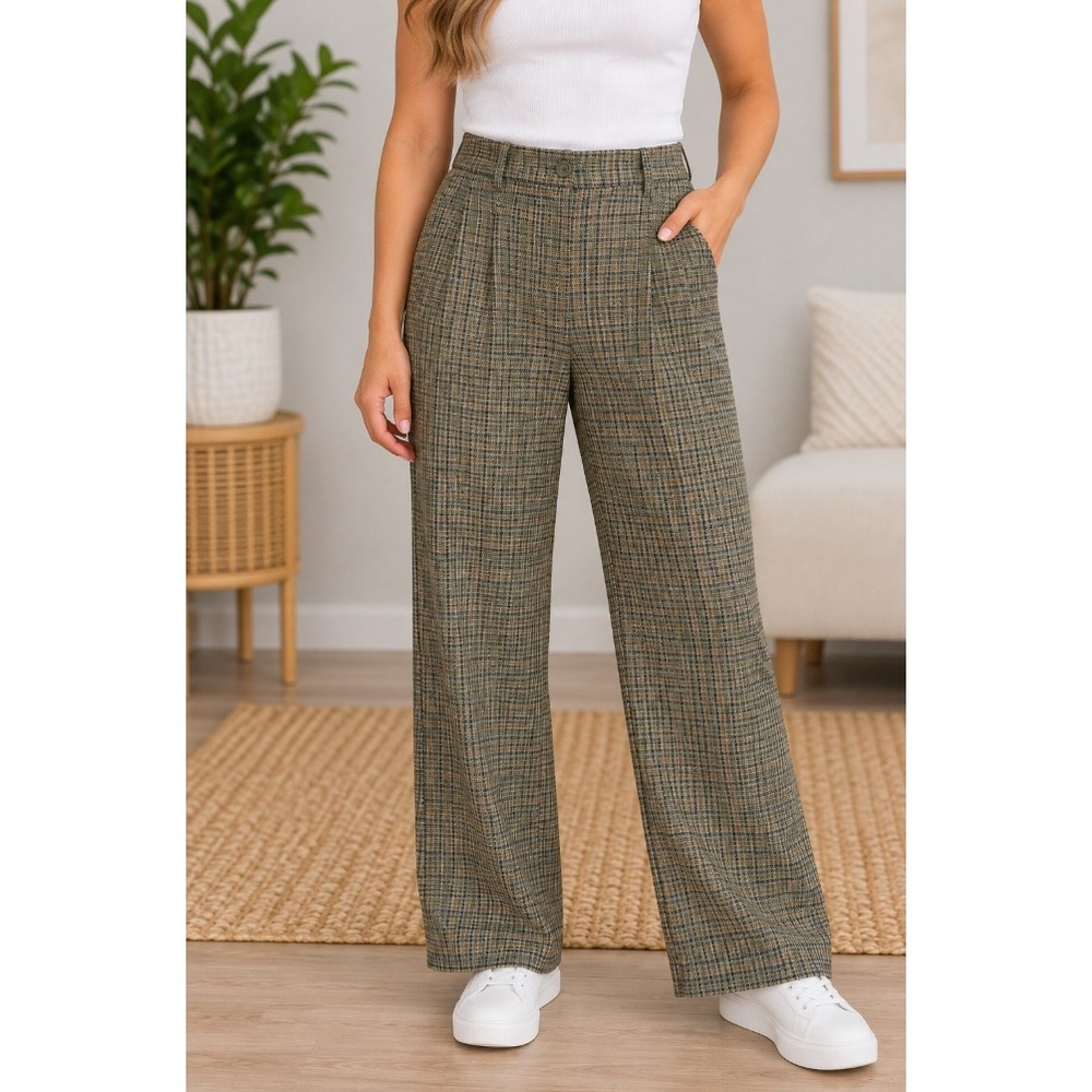 John Galt Brandy Melville Green Houndstooth High Waisted Straight Leg Pants_254